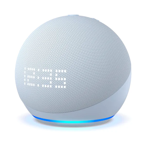 Echo Dot azul com relógio no display