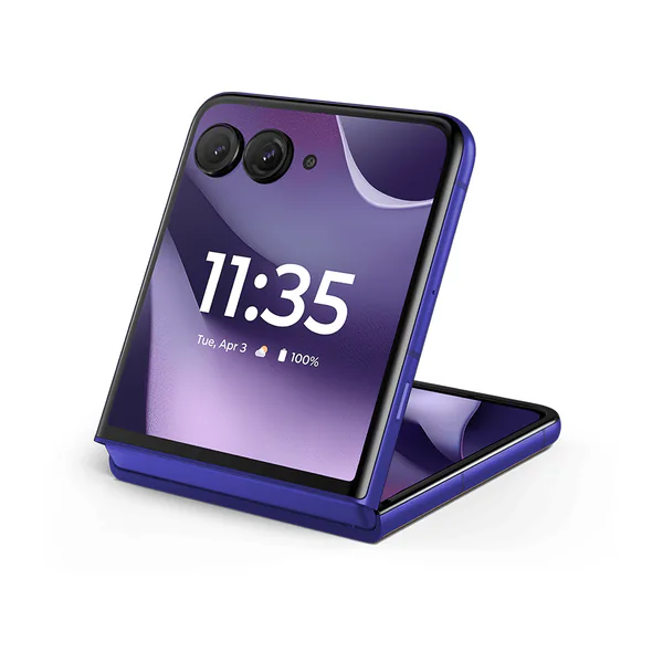 Celular dobrável Motorola razr roxo meio aberto