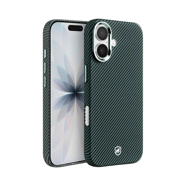 Capa Gorila Shield de fibra de kevlar verde em um iPhone